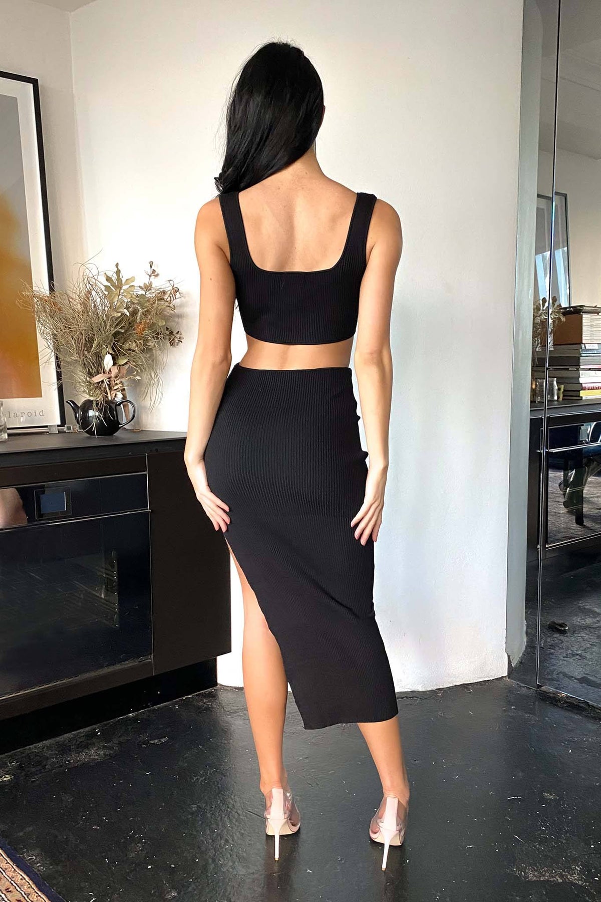 Black Knit Midi Dress with Side Cut Out Detail, Square Neckline and Side Split 