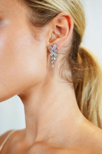 Silver Plated with Shiny Crystal Leaf Design Bridal Earrings