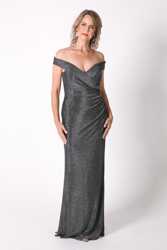 Lawrence Off Shoulder Maxi Dress - Shimmer Grey (S - Clearance Sale)