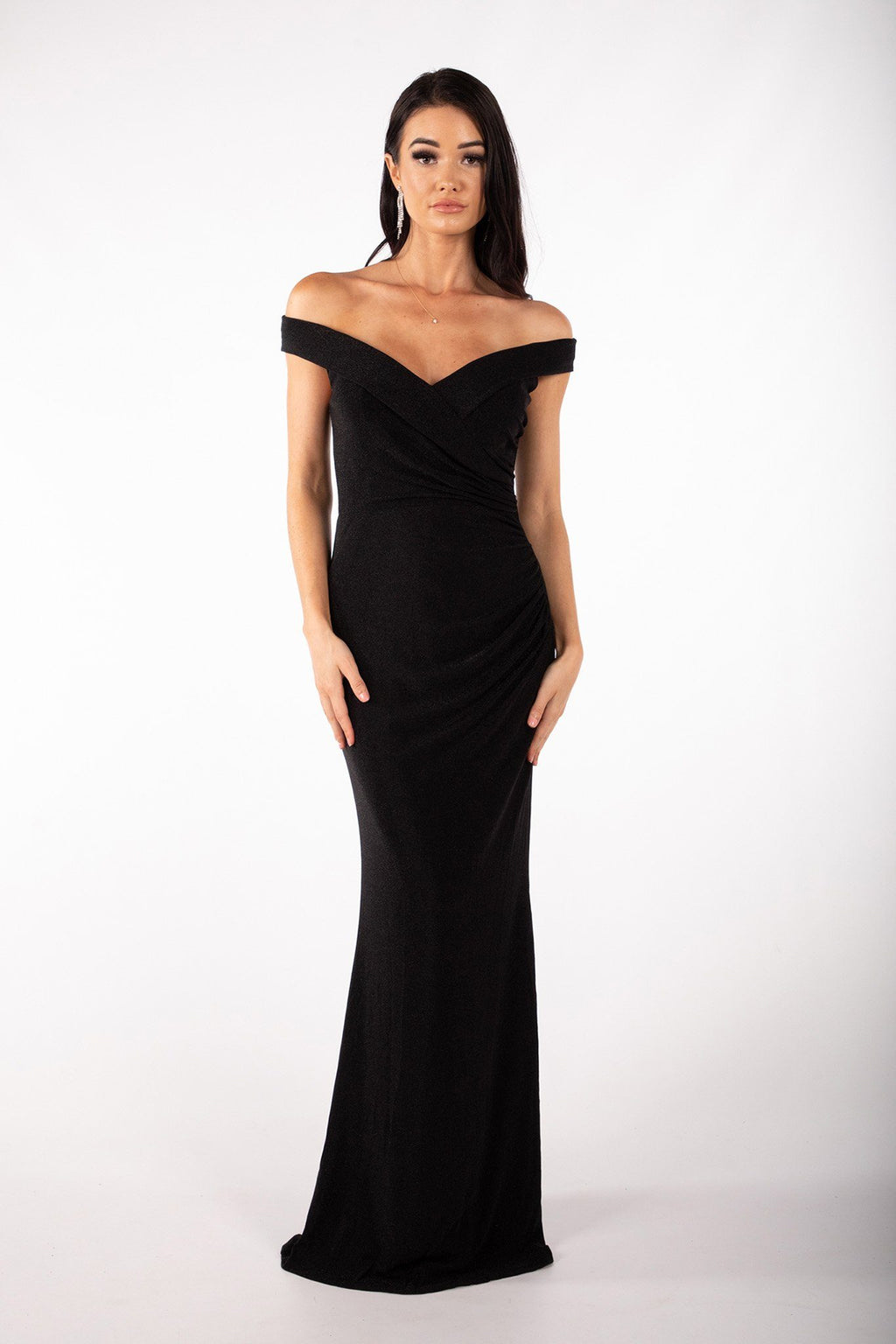 Lawrence Off Shoulder Maxi Dress - Shimmer Black Noodz Boutique Lawrence Off Shoulder Maxi Dress - Shimmer Black Noodz Boutique