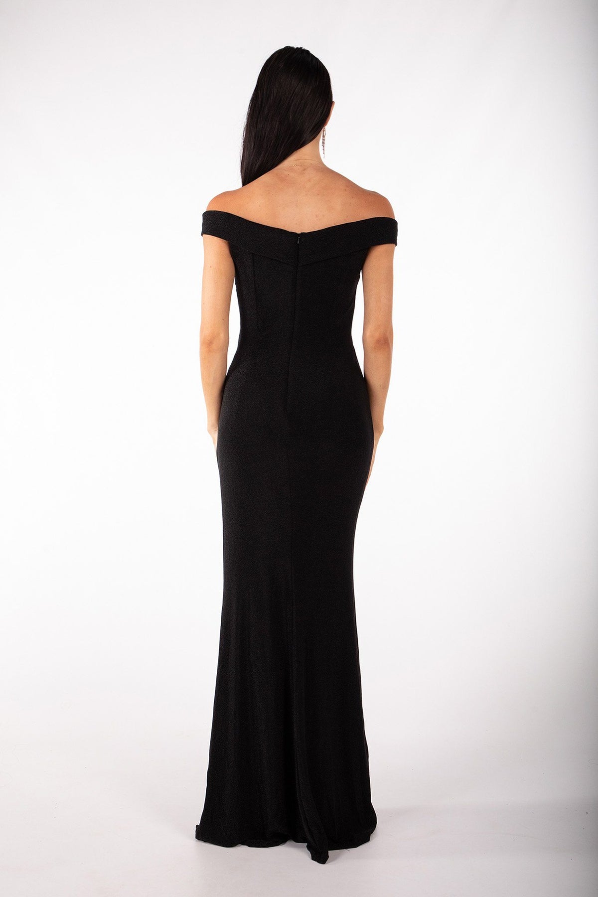 Open shoulder back image of black glitter maxi dress with off-the-shoulder sweetheart neckline and gathering detail