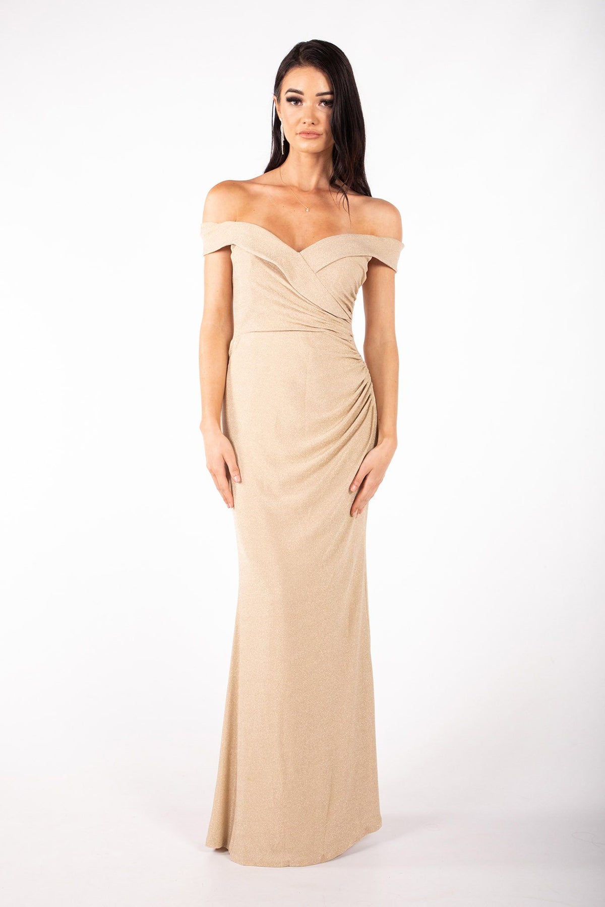 Gold glitter maxi dress with off-the-shoulder sweetheart neckline and gathering detail