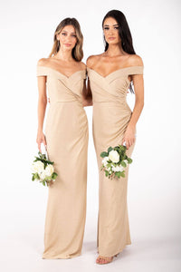 Bridesmaids maxi dress with off-the-shoulder sweetheart neckline and gathering detail in gold champagne color