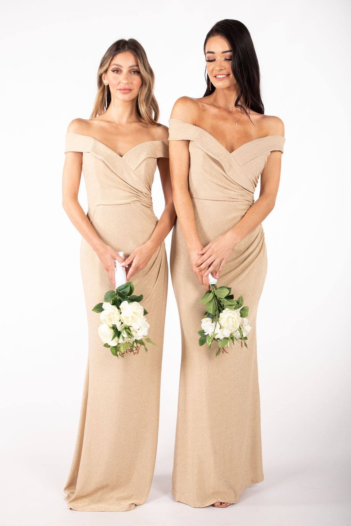Gold glitter bridesmaid maxi dress with off-the-shoulder sweetheart neckline and gathering detail