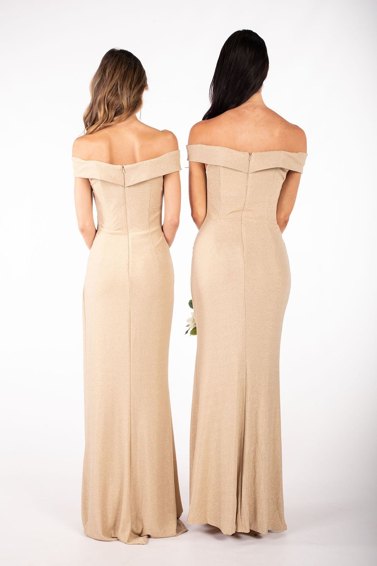Back image of Gold glitter maxi dress with off-the-shoulder sweetheart neckline and gathering detail