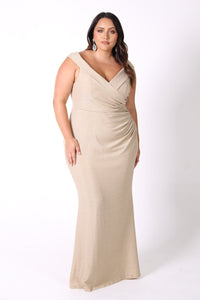 Plus Size Off The Shoulder Maxi Dress with Gathering Detail in Shimmer Gold