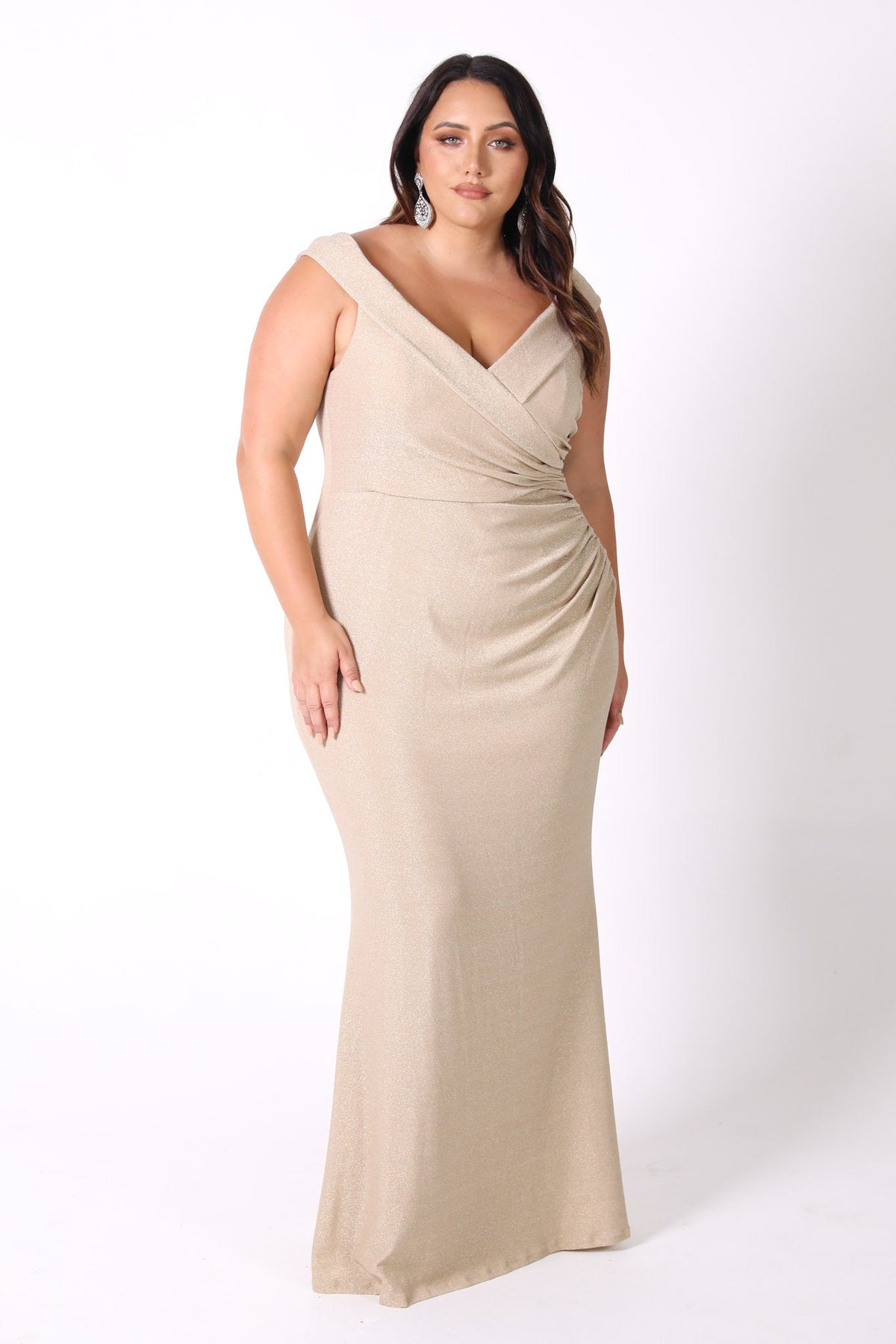 Plus Size Off The Shoulder Maxi Dress with Gathering Detail in Shimmer Gold