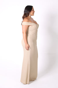 Side Image of Plus Size Off The Shoulder Maxi Dress with Gathering Detail in Shimmer Gold