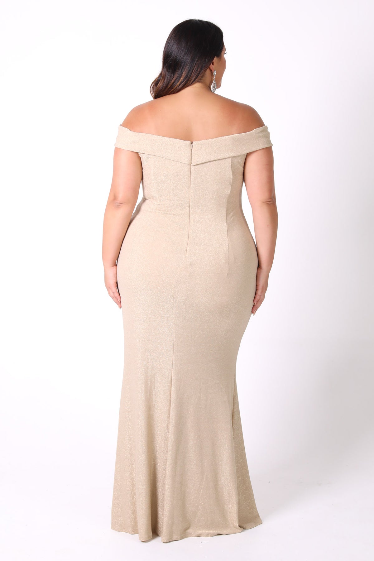 Back Image of Plus Size Off The Shoulder Maxi Dress with Gathering Detail in Shimmer Gold