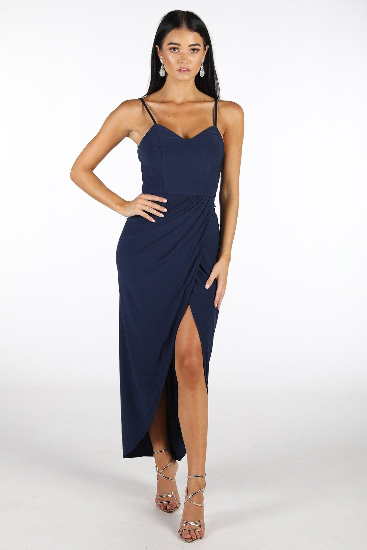 Navy Dark Blue Dress with Faux Wrap Front Design and Asymmetrical Slim-Fit Skirt with Centre Split