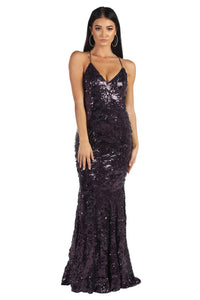 Dark Purple sequin beaded gown with V neckline, figure flattering fit, lace-up back and a small train