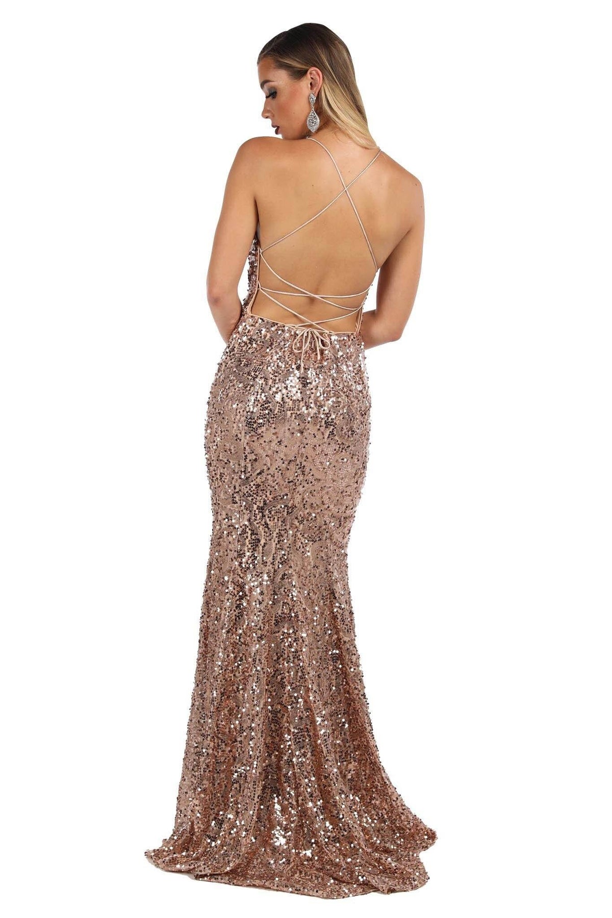 Rose Gold sequin beaded gown with V neckline, figure flattering fit, lace-up back and a small train