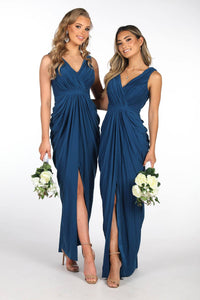 Deep Teal Bridesmaid Maxi Dress featuring crossover V neckline, tiered slim skirt with front split