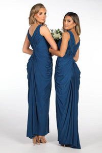 Deep Teal Bridesmaid Maxi Dress featuring crossover V neckline, tiered slim skirt with front split
