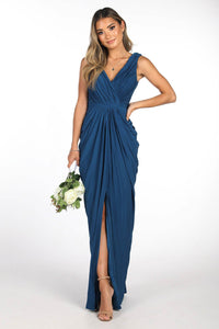 Deep Teal Maxi Dress featuring crossover V neckline, tiered slim skirt with front split