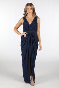 Navy Deep Blue Maxi Dress featuring crossover V neckline, tiered slim skirt with front split