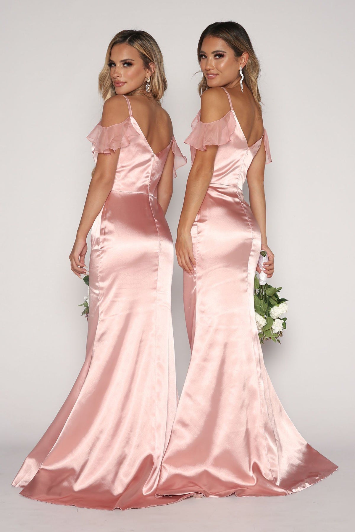 Light Pink Satin Floor Length Maxi Bridesmaids Dress with V-neckline, Cascading Ruffle Sleeve Detail, Thin Shoulder Straps, Open Back and Fit and Flare Silhouette