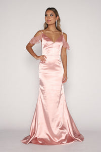 Light Pink Satin Floor Length Maxi Bridesmaids Dress with V-neckline, Cascading Ruffle Sleeve Detail, Thin Shoulder Straps, Open Back and Fit and Flare Silhouette