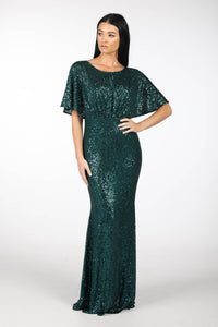 Emerald Green Sequin Fitted Full Length Maxi Dress with Butterfly Sleeves 