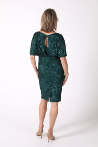 Back Button Closure with Key Hole Detail of Mature Woman Sequin Cocktail Midi Dress with Butterfly Sleeves and Boat Neckline in Deep Emerald Green