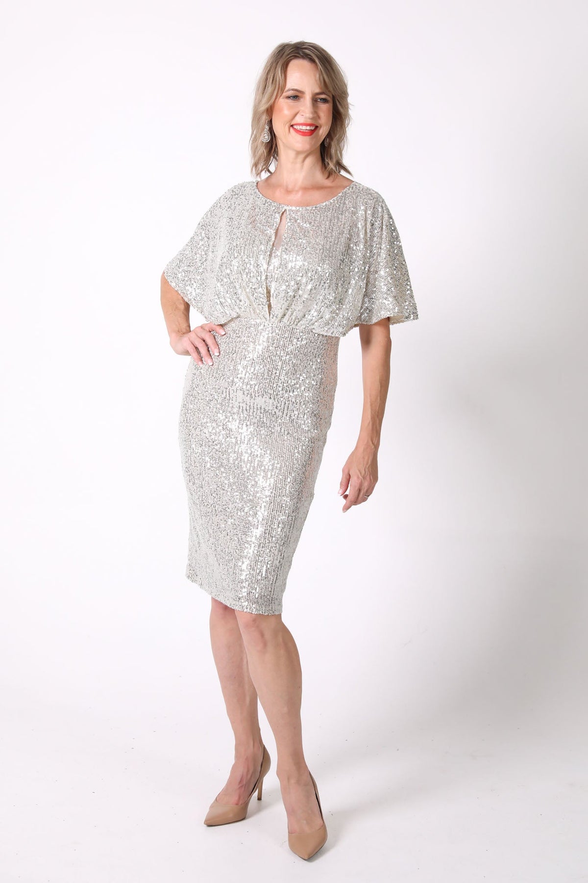Margaret Butterfly-Sleeve Sequin Midi Dress - Silver