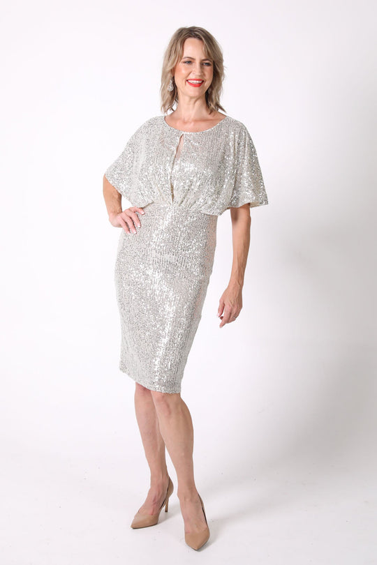 Margaret Butterfly-Sleeve Sequin Midi Dress - Silver (S - Clearance Sale)