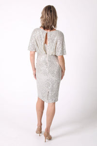 Margaret Butterfly-Sleeve Sequin Midi Dress - Silver