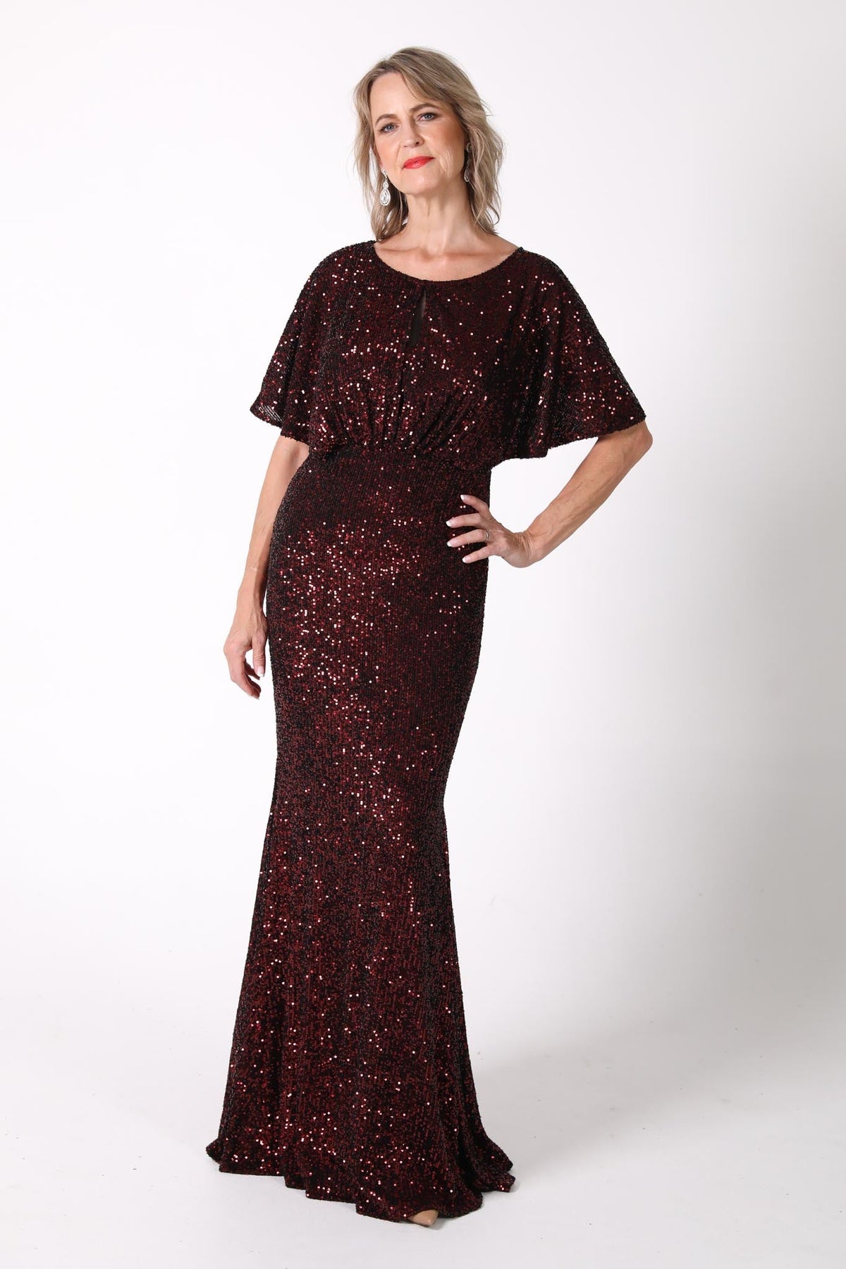 Mother of The Bride Sequin Fitted Full Length Maxi Dress with Round Neck and Butterfly Sleeves in Burgundy Deep Red