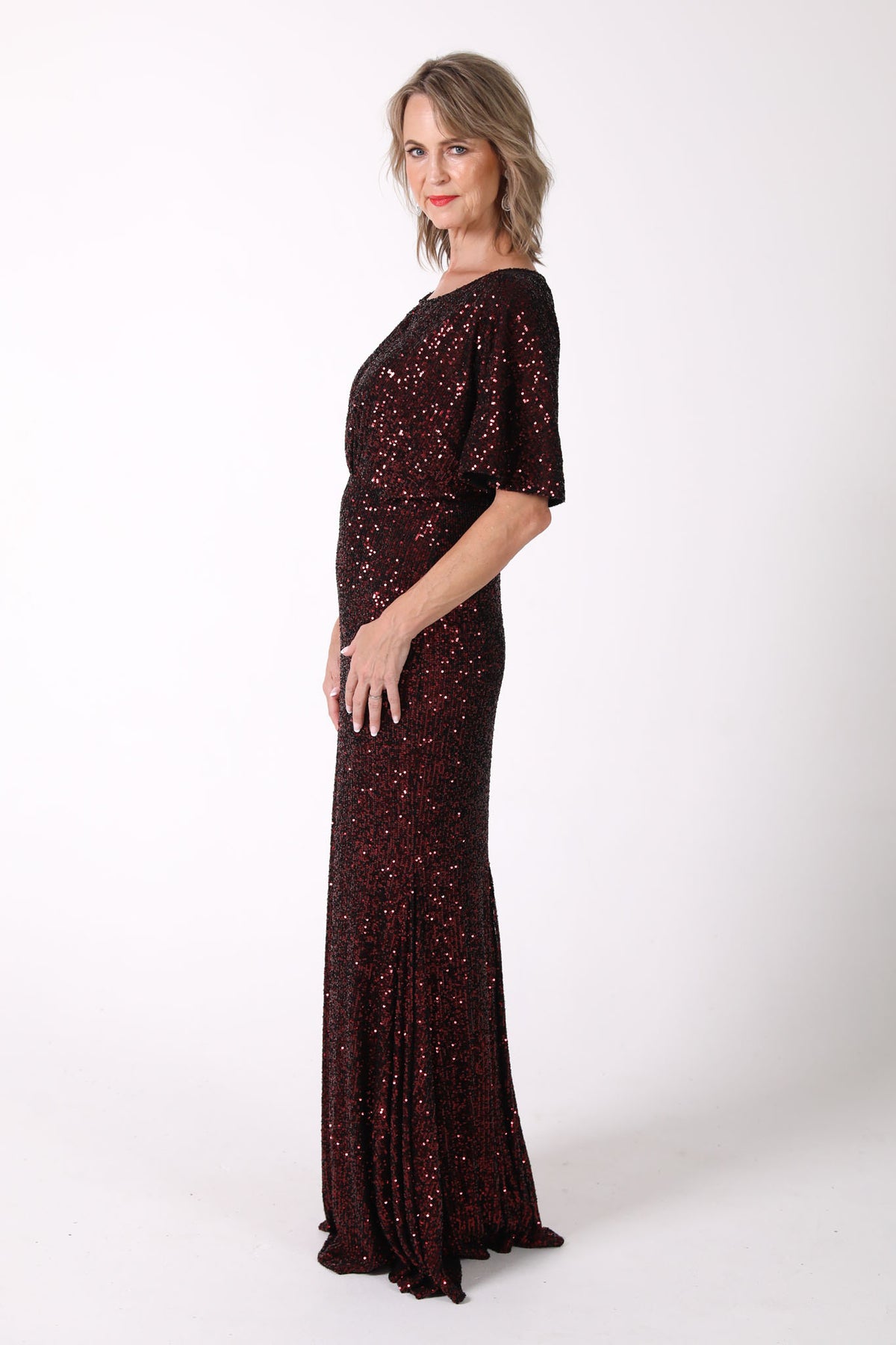 Side Image of Mother of The Bride Sequin Fitted Full Length Maxi Dress with Round Neck and Butterfly Sleeves in Burgundy Deep Red