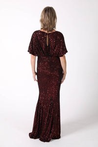 Back Image of Mother of The Bride Sequin Fitted Full Length Maxi Dress with Round Neck and Butterfly Sleeves in Burgundy Deep Red