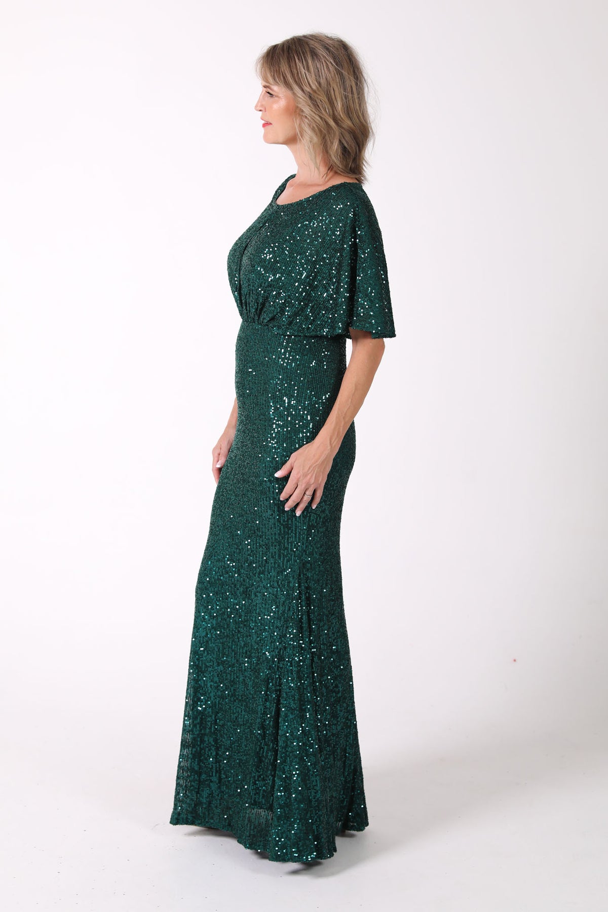 Mother of The Bride Sequin Fitted Full Length Maxi Dress with Round Neck and Butterfly Sleeves in Emerald Green
