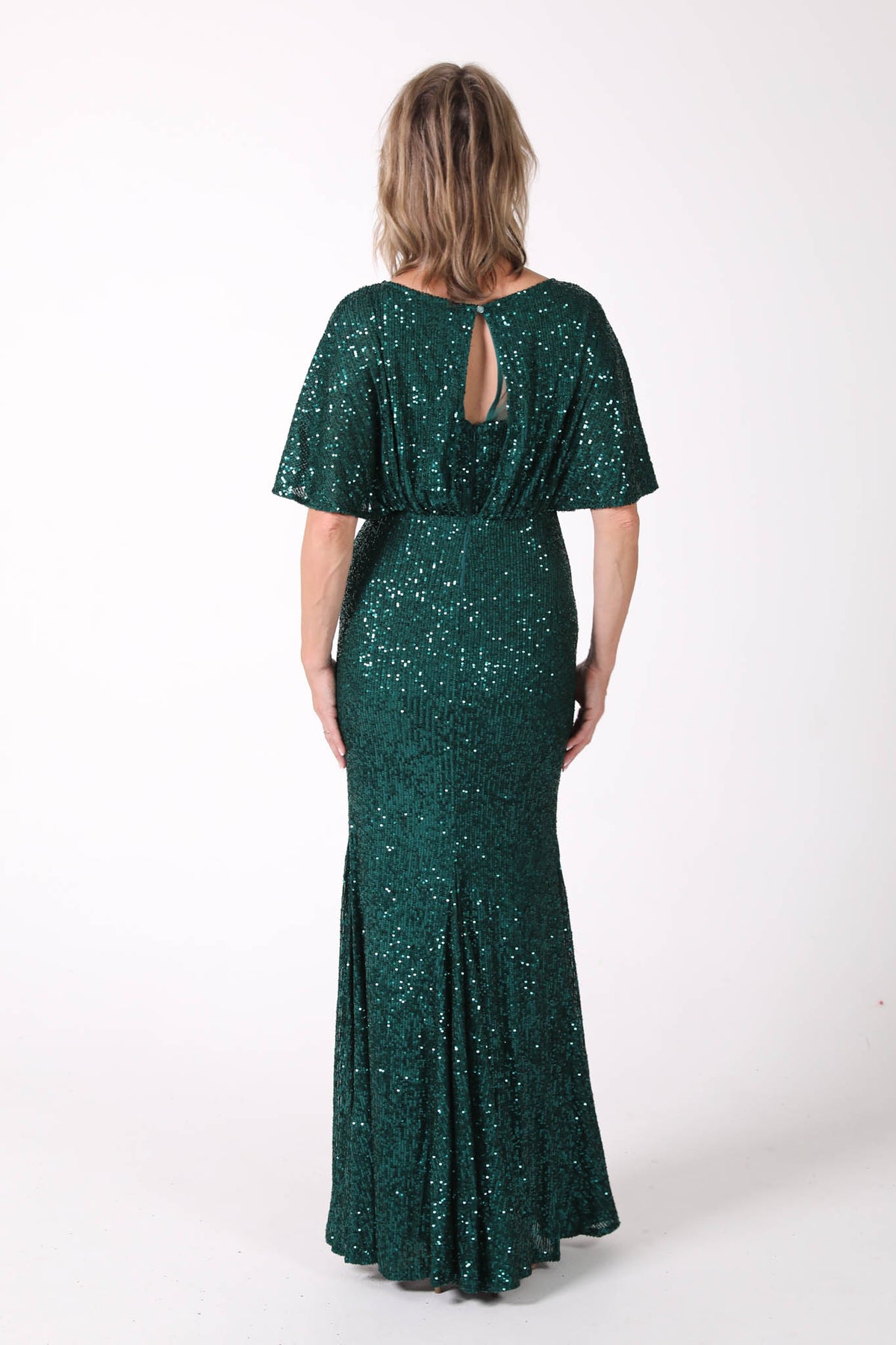 Key Hole Design at the back of Mother of The Bride Sequin Fitted Full Length Maxi Dress with Round Neck and Butterfly Sleeves in Emerald Green
