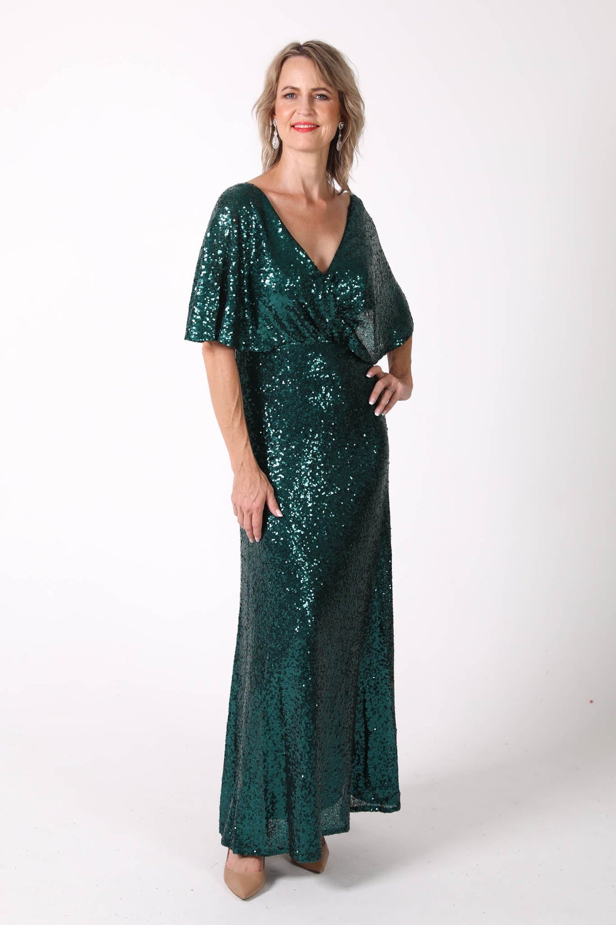 Mature woman sequin maxi dress with V neckline, butterfly sleeves in emerald green