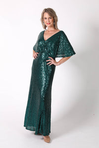 Mature woman sequin maxi dress with V neckline, butterfly sleeves in emerald green
