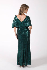 V-shape open back design of Mature woman sequin maxi dress with V neckline, butterfly sleeves in emerald green