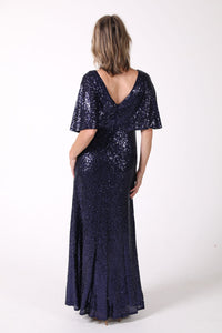 Open v-shape back design of Mature woman sequin maxi dress with V neckline, butterfly sleeves in navy