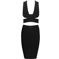 Front of black V plunging neckline bandage crop top with side cutouts and crisscross band design at the back paired with black midi pencil bandage skirt