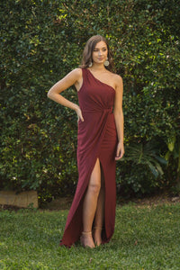 Maxi-Length Dress with Asymmetrical One Shoulder Neckline, Ruched Waist, Above Knee High Slit, and a Column Styled Silhouette in Wine Colour
