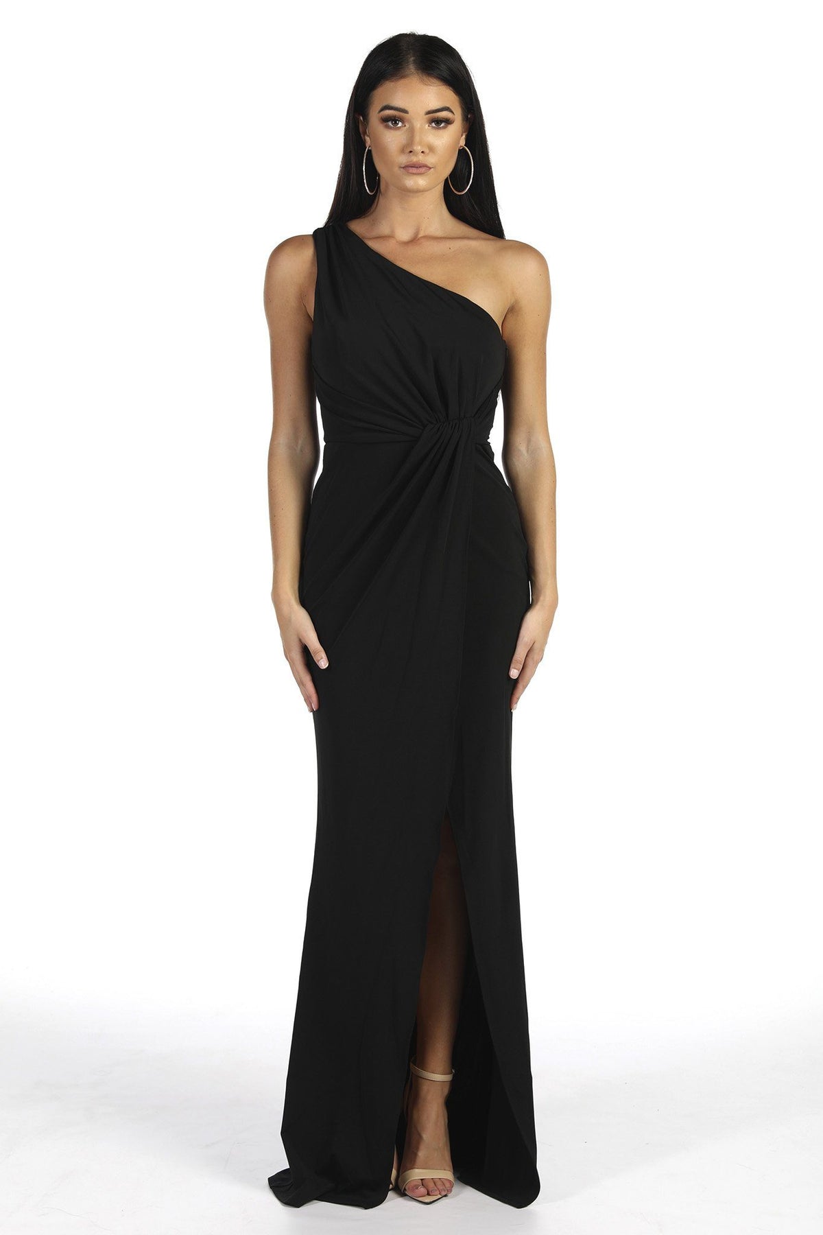 Black One Shoulder Full Length Formal Dress with Asymmetrical One Shoulder Neckline, Ruched Waist, Above Knee High Slit, and a Column Styled Silhouette