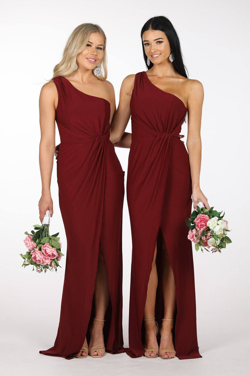 Bridesmaids in Deep Red Wine Coloured Nelia One Shoulder Maxi Dress with Asymmetrical One Shoulder Neckline, Ruched Waist, Above Knee Slit, and a Column Styled Silhouette