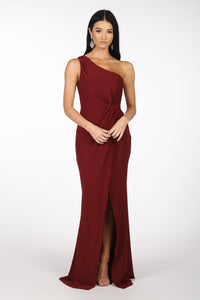 Burgundy Deep Red One Shoulder Formal Dress with Asymmetrical One Shoulder Neckline, Ruched Waist, Above Knee Slit, and a Column Styled Silhouette