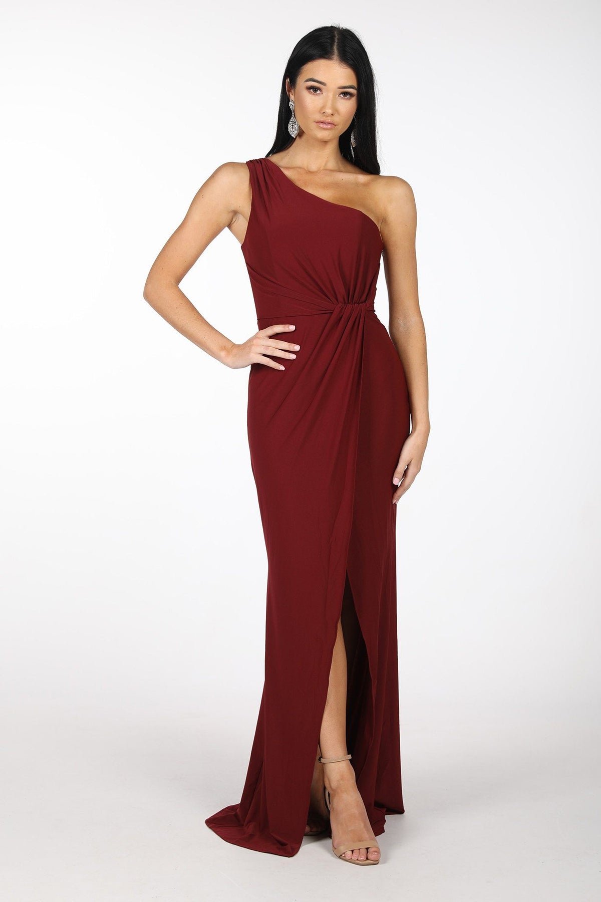 Maxi-Length Dress with Asymmetrical One Shoulder Neckline, Ruched Waist, Above Knee High Slit, and a Column Styled Silhouette in Wine Colour