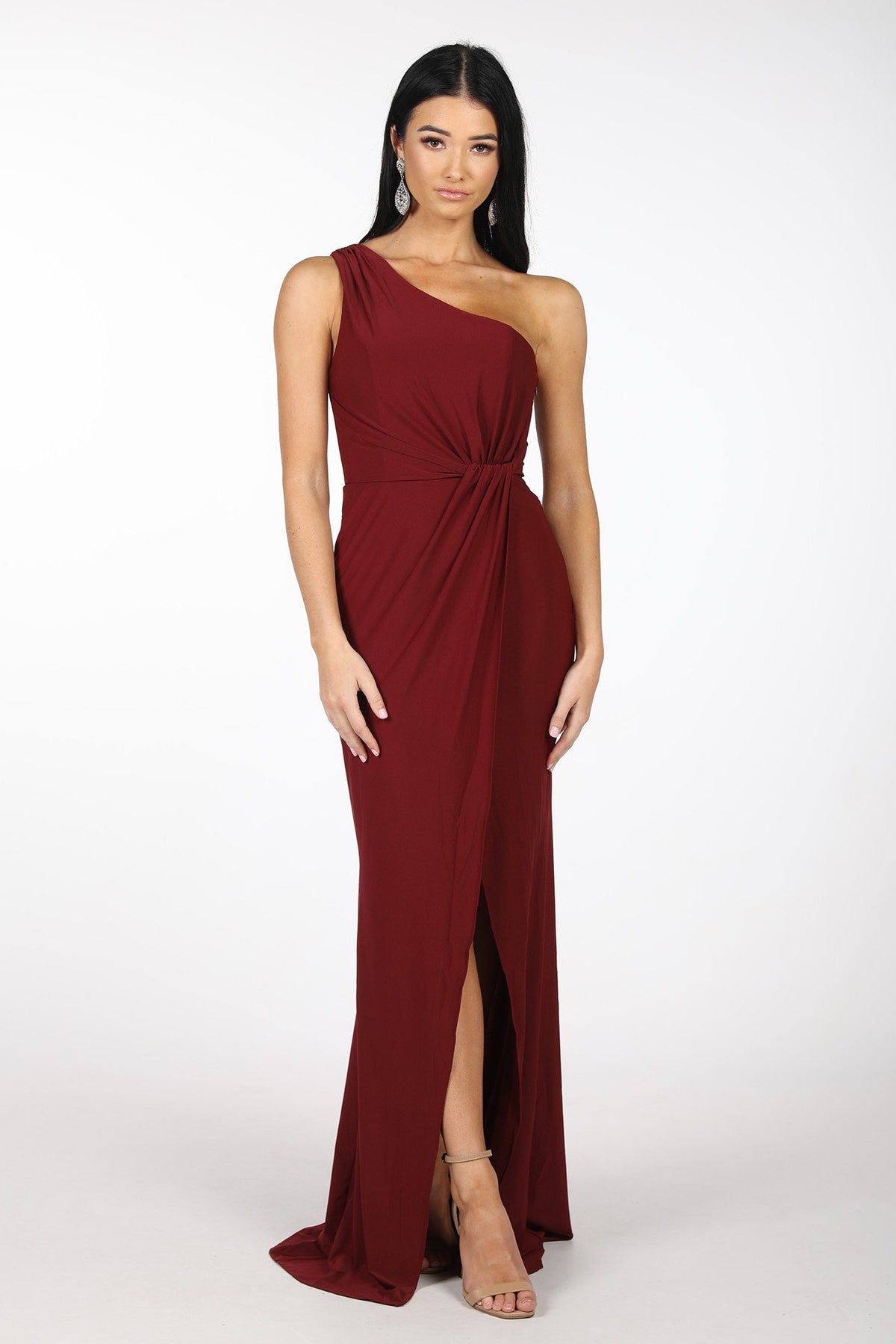 Deep Red Burgundy One Shoulder Formal Dress with Asymmetrical One Shoulder Neckline, Ruched Waist, Above Knee Slit, and a Column Styled Silhouette