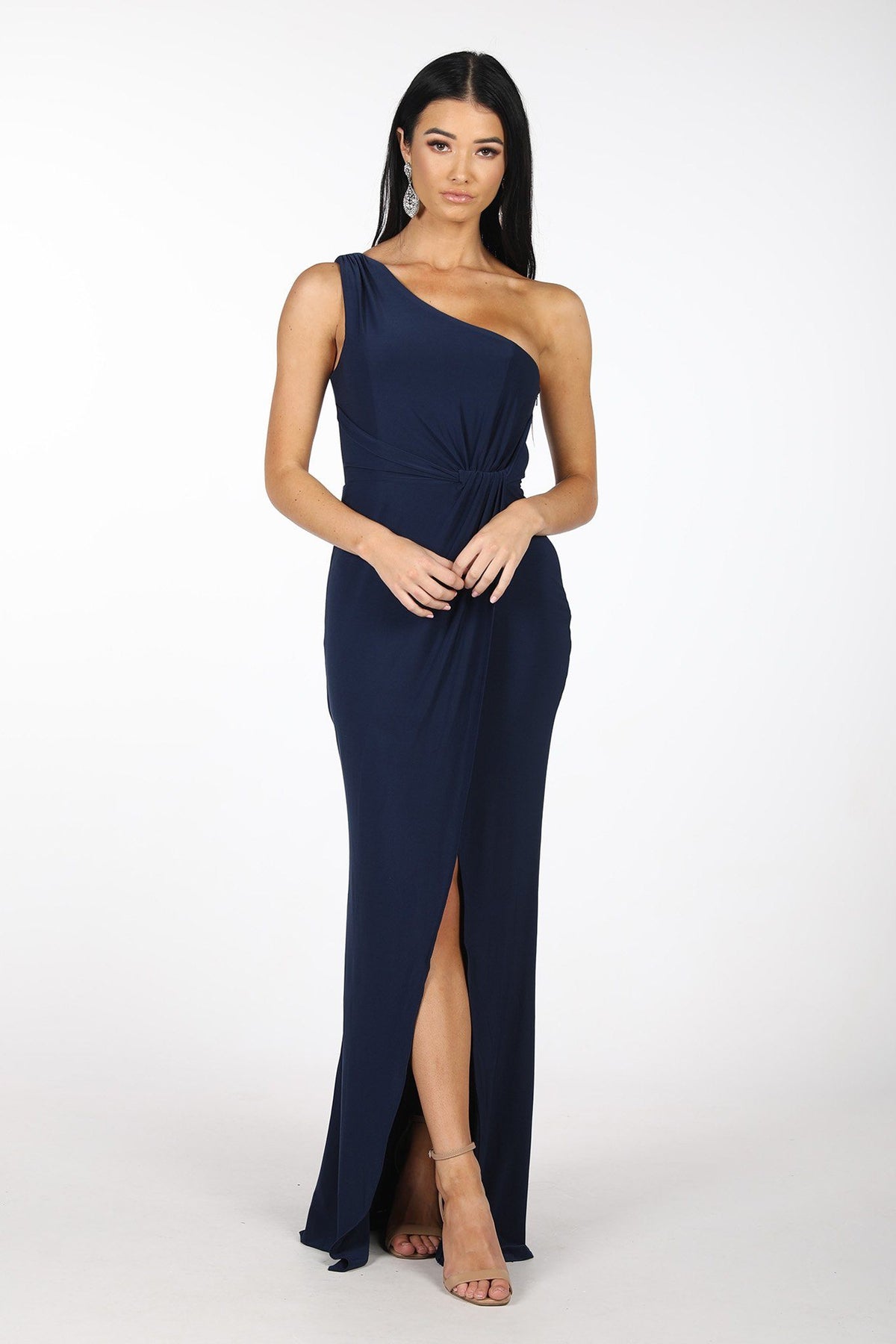 Maxi-Length Dress with Asymmetrical One Shoulder Neckline, Ruched Waist, Above Knee High Slit, and a Column Styled Silhouette in Navy Colour