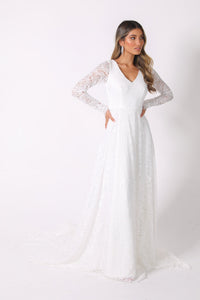 White Long Sleeve Lace Wedding Gown with V-Neck, Sheer Lace Fitted Sleeves, A-Line Skirt and Sweep Train