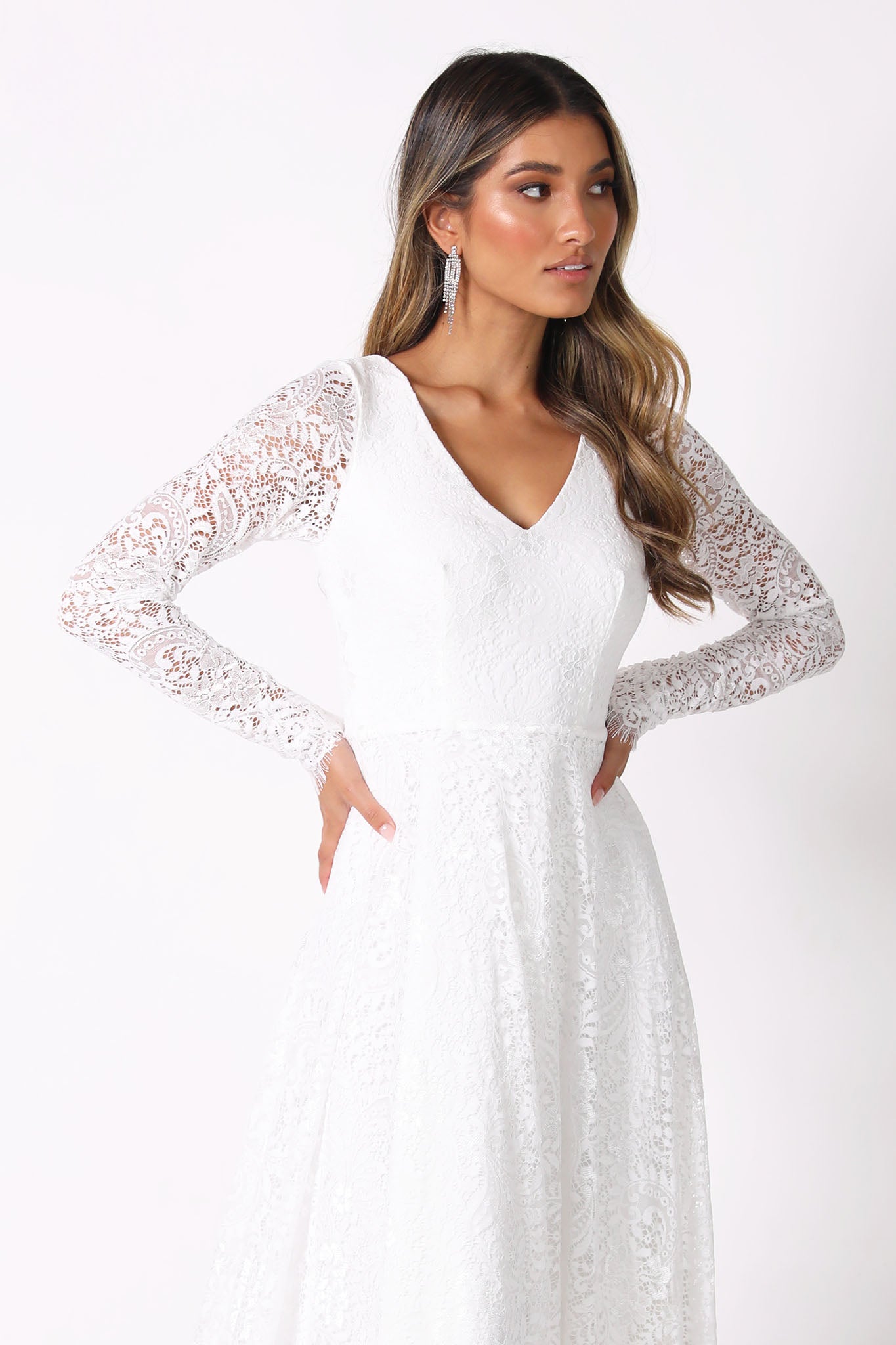 fitted lace wedding dress NISHA Long Sleeve A-Line Lace Gown