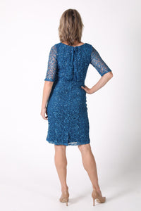 Back Image of Mature Woman Sequin Midi Cocktail Dress with Elbow Length Sleeves in Teal