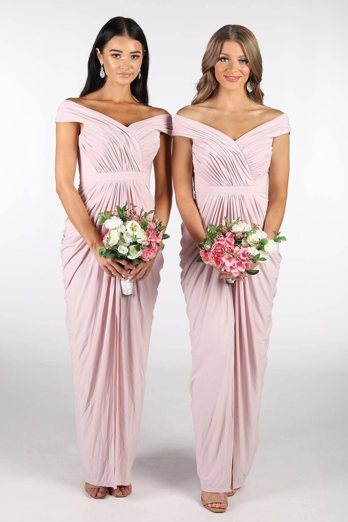 Blush Pink Slinky Bridesmaids Dresses with Crossover Off-Shoulder Neckline, Tiered Slim Skirt with Front Split