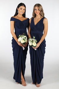 Navy Deep Blue Bridesmaid Maxi Dress featuring crossover V neckline, tiered slim skirt with front split