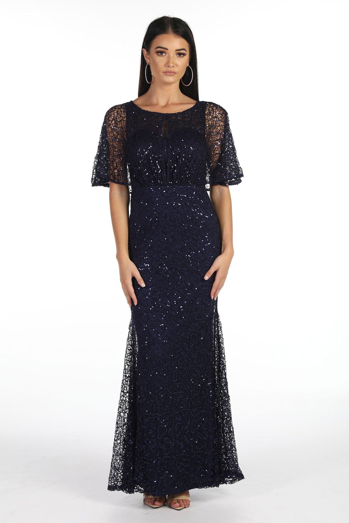 Navy sequin evening maxi dress with boat neckline and butterfly half sleeves